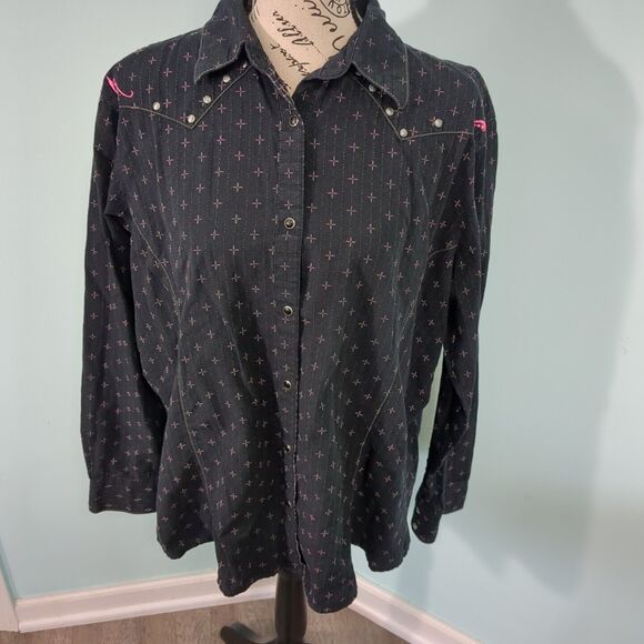 Wrangler Shirt Womens extra large Pearl Snap Button Long Sleeve Western Black - Picture 1 of 7